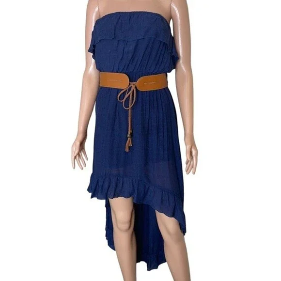 Annabelle A'GACI Sleeveless High/low Dress ruffle top Navy Blue belted SZ M - Picture 2 of 10